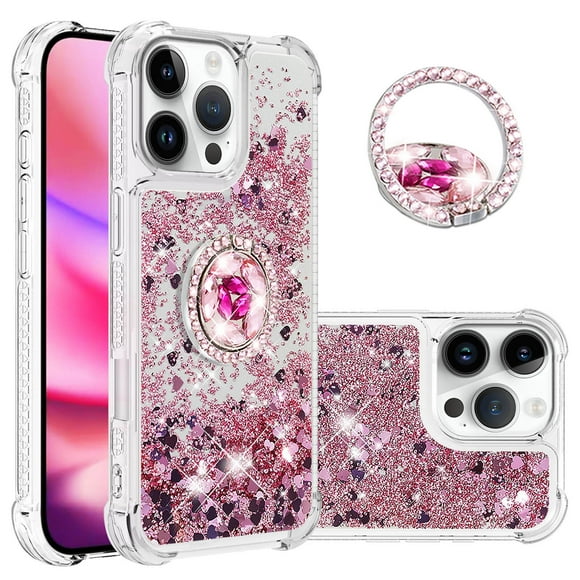 Funda para iPhone 16 Pro Max con Brillo Líquido Flotante, Purpurina, Parachoques y Anillo Giratorio Soporte
