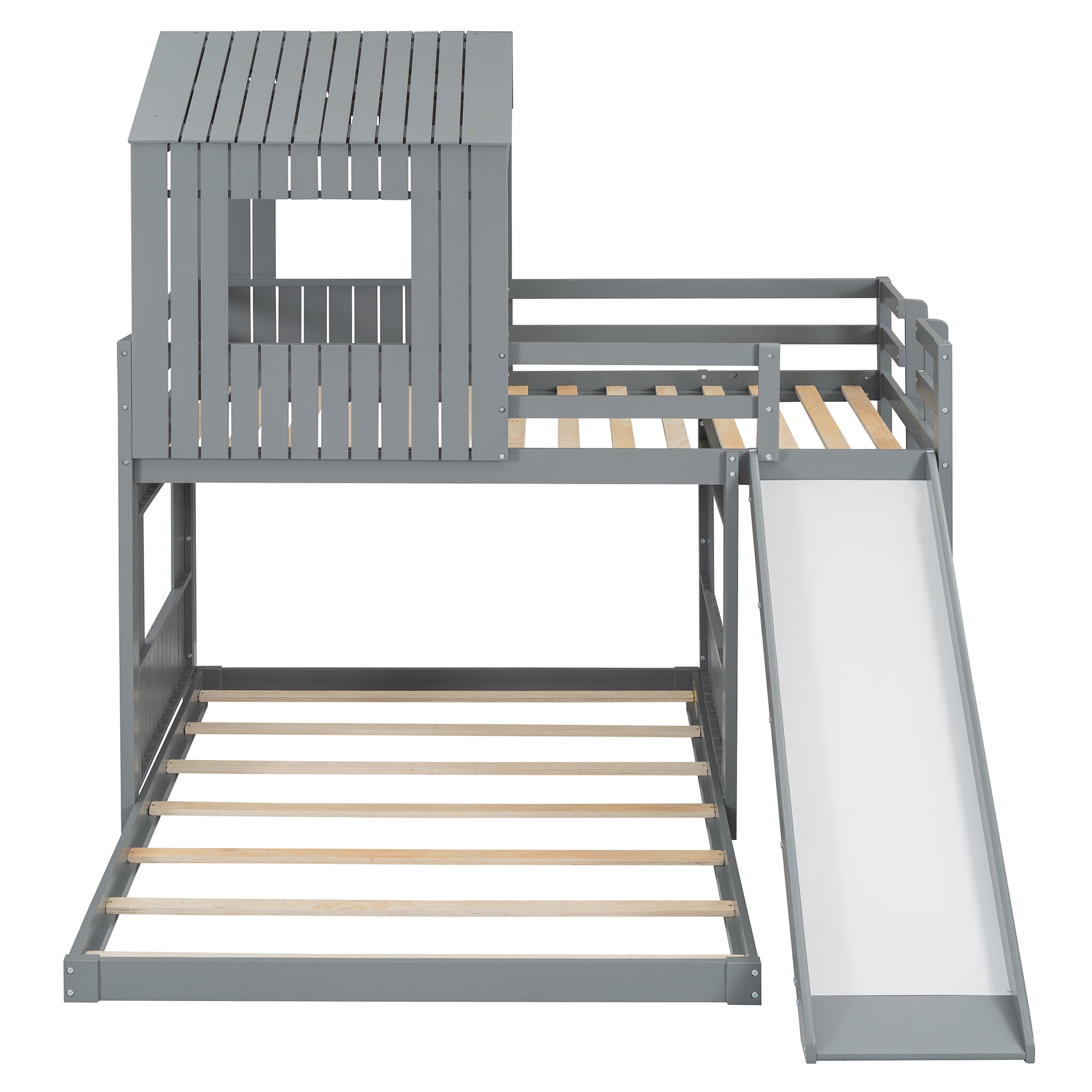 Homy Casa Twin Over Full Bunk Bed, 89" Wood House Bed with Slide, Guardrails & Slats for Kids Bedroom, Gray