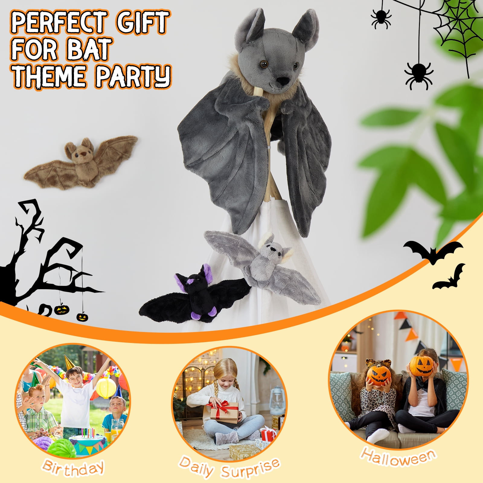 MorisMos 4Pcs Realistic Goth Bat Stuffed Animals Set, Large Mommy Stuffed Bat with 3 Cute Babies Plush Toys