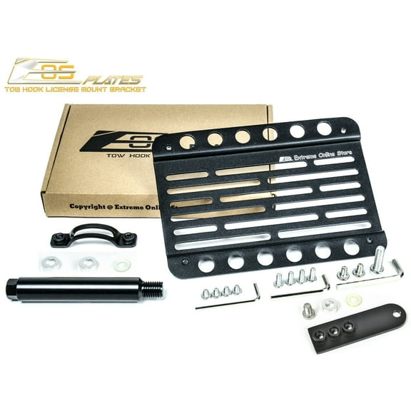 EOS Version 1 Mid Sized Front Bumper Tow Hook License Plate Relocator Mount Bracket With Lowering Adapter Bracket For 2013-2019 Cadillac ATS Sedan & Coupe With PDC 2014 2015 2016 2017 14 15 16 17 991