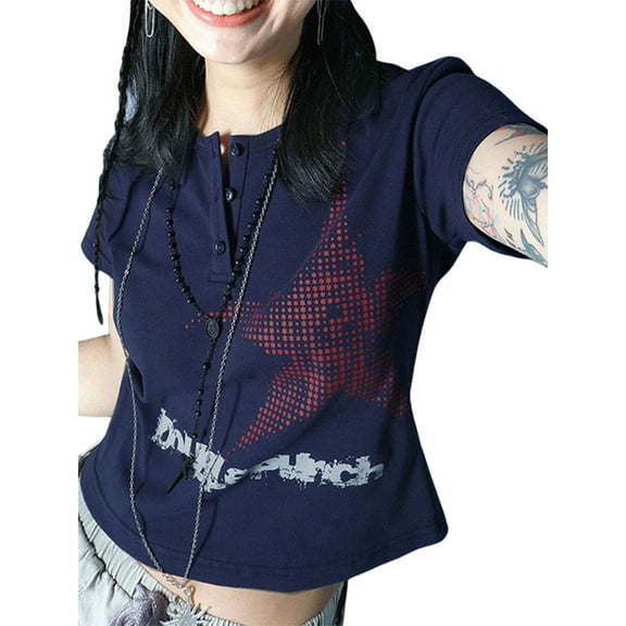 Springcmy Womens Teen E Girls Y2k Vintage Aesthetic Star Graphic Print Crop Tops Fairy Grunge Baby Tees Shirt Clothes Dark Blue S