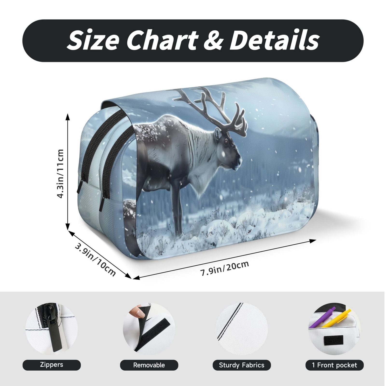 Rateoe Winter Reindeer In Snowy Mountains Pattern Double Clamshell Pen Case, Storage Organizer with Two Zipper Compartments– Holds Up to 50 Pencils & Pens