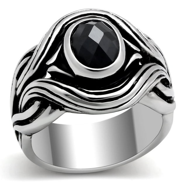 High polished (no plating) Stainless Steel Ring with AAA Grade CZ in Jet for Women Biker Theme Jet Stone Color Style TK307 Size 13