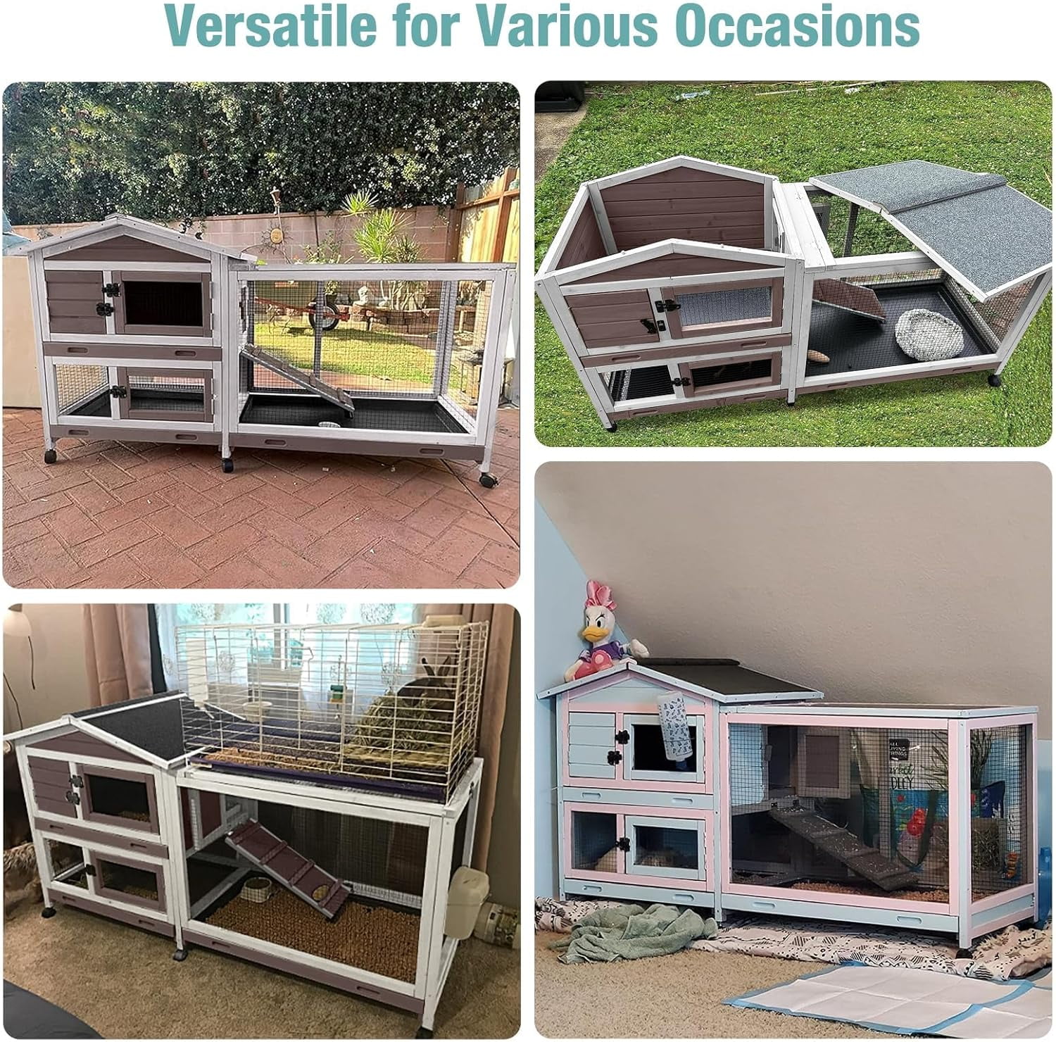 Aivituvin 62" Rabbit Hutch with Chew-Proof Ramp & Waterproof Roof - Indoor/Outdoor Bunny Cage, 2-Story Design, 6 Lockable Caster Wheels & Dual Pull-Out Trays (Brown)
