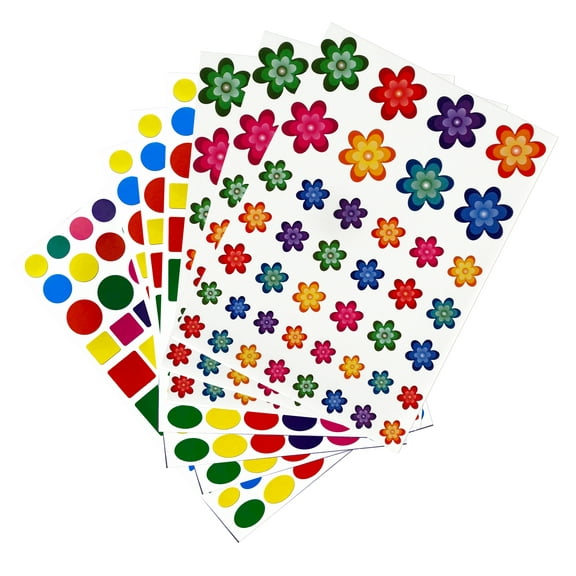 Royal Green Multicolor Labels Stickers Dots, Squares, Triangles and Flowers in Assorted Sizes - 2220 Pack