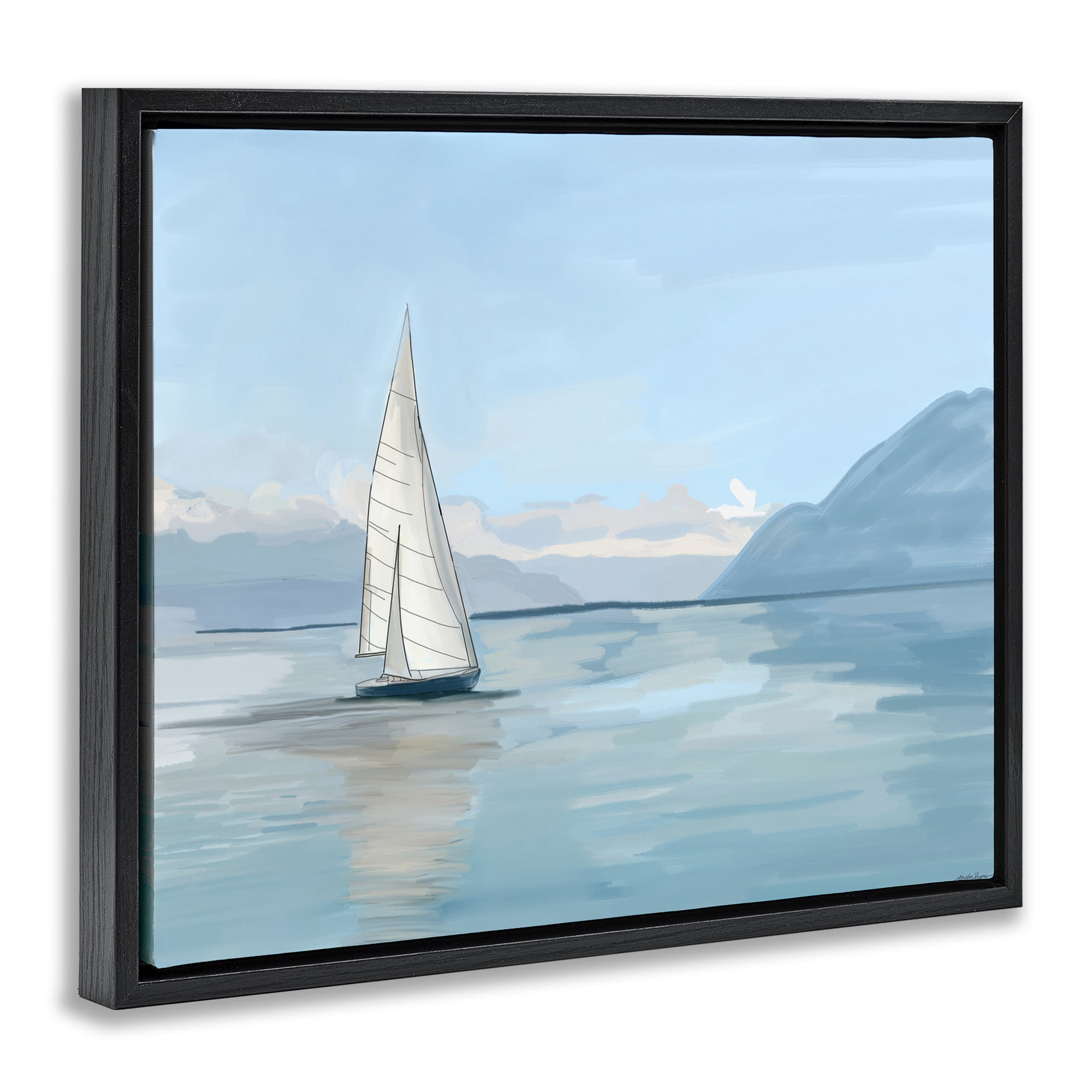 Stupell Industries Peaceful Sailboat on Water Nautical & Beach Painting Black Floater Framed Canvas Art Print Wall Art, 21 x 17