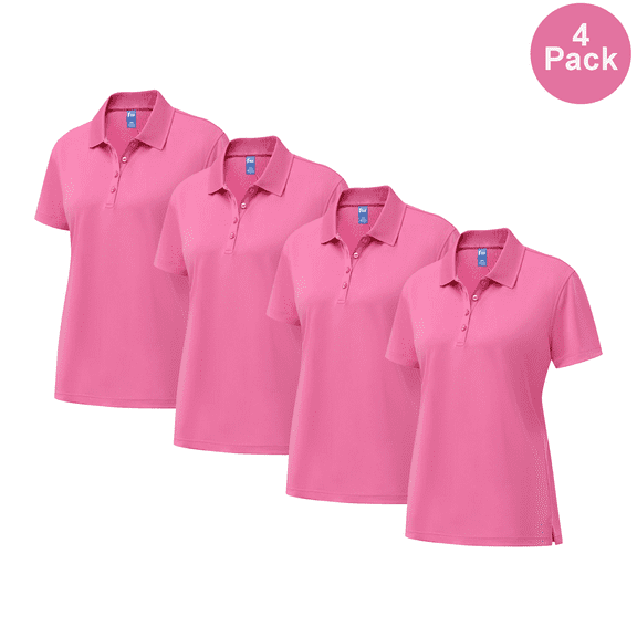 Zfeel Women’s Short Sleeve Pure Dry Fit Poly Polo Shirt, Comfortable Collared Pink Tee, 4 Pack, S