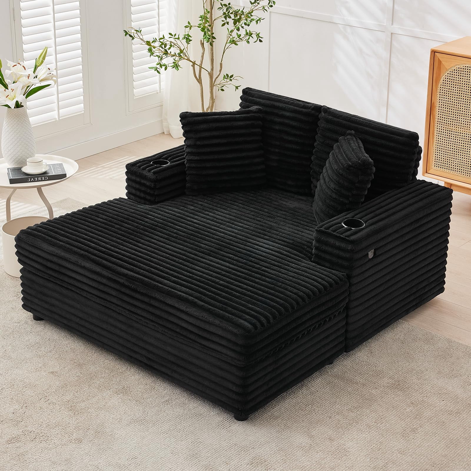 Oversized Corduroy Chaise Lounge Chair with Cup Holder & USB Charging Port, 54" Wide Plush Sofa with High-Density Foam & Supportive Springs for Living Room