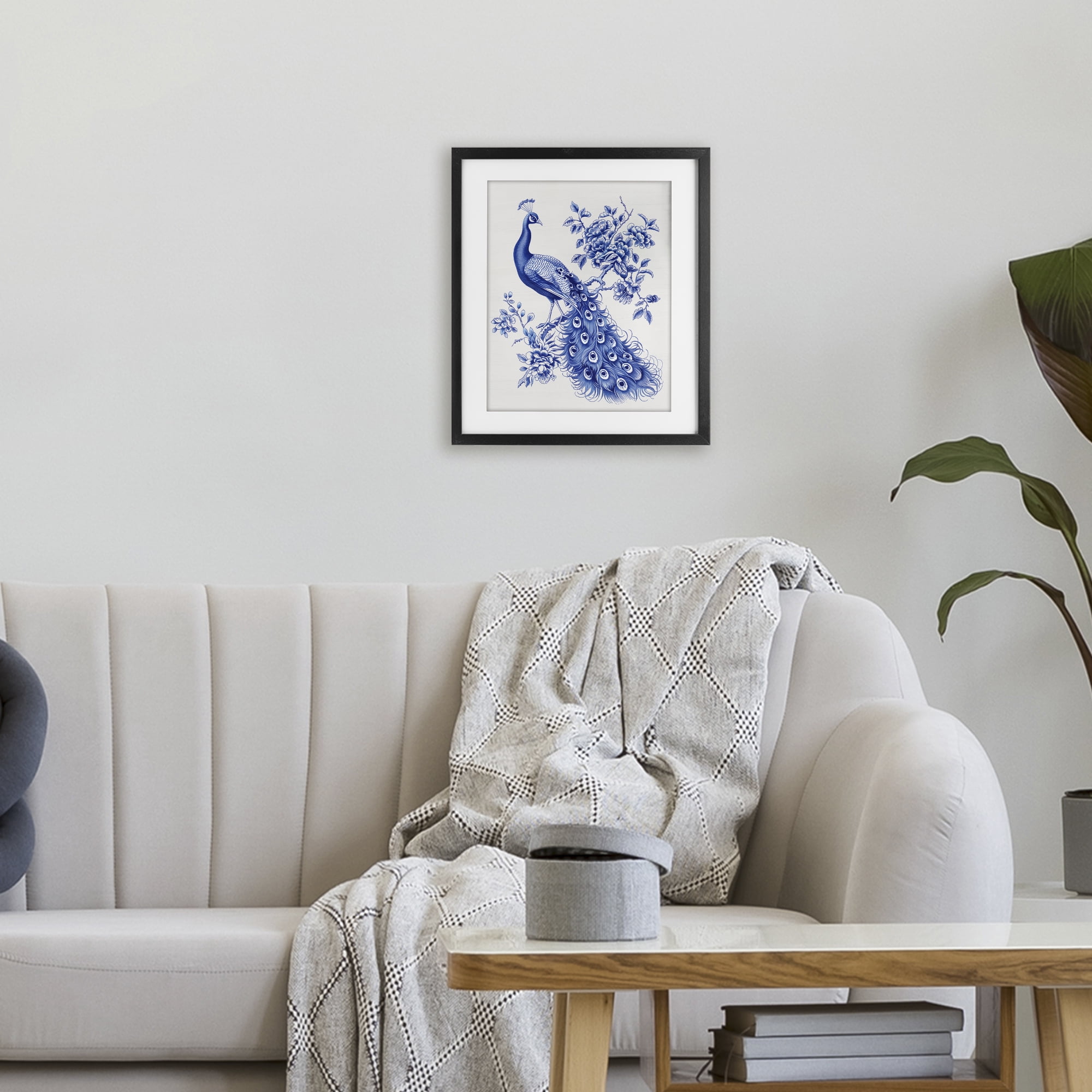 Vintage Peacock in Toile Style Black Framed Print Under Glass, design by Lettered and Lined
