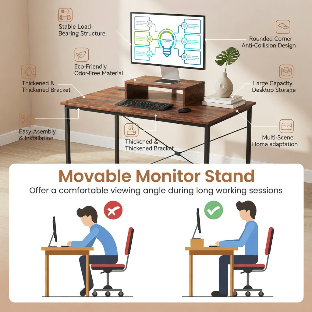 Demi Bonn 95" 2-Person L-Shaped Long Reversible Computer Desk with Monitor Stand, Small Home Office Desk Study Writing Table, Rustic Brown