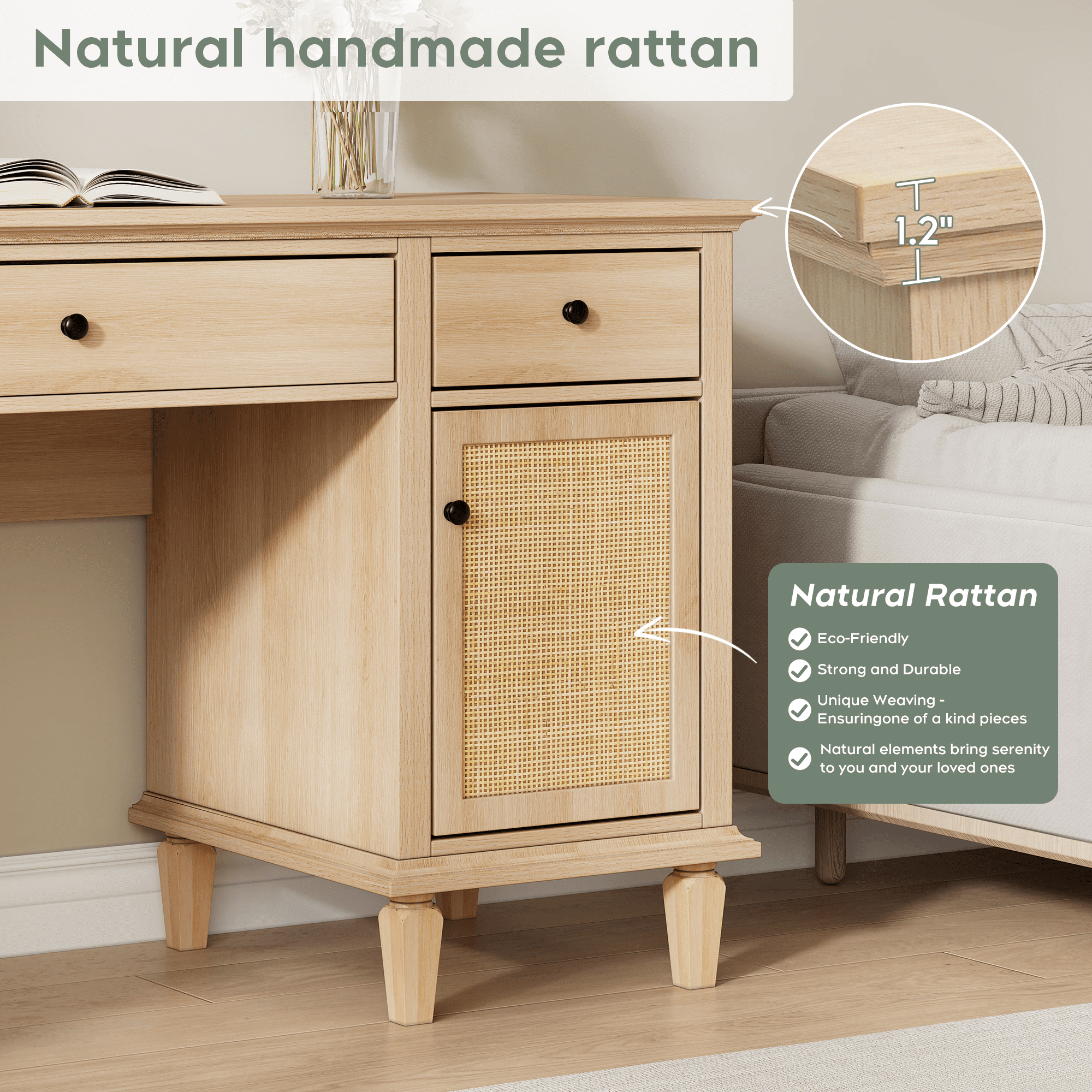 Brafab 3-Drawer Rattan Writing Desk with Storage Shelf & Power Outlets,Computer Desk with 5 Drawers and File Cabinet for Storage Home Office Desks,58.2 x 20.8 in