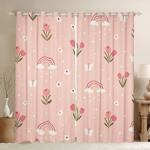 Manfei Cute Tulip Blackout Curtains, Butterfly Rainbow Window Curtains Pack of 2 (38x45 Each), Pink