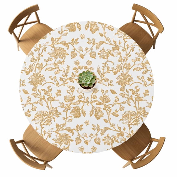 Round Fitted Tablecloth with Elastic Orange Pastoral Flower Tablecloths Waterproof Oil Proof Farmhouse Floral Table Cover for Kitchen Dinner Holiday Party Picnic Fits Tables up to 36"- 44" Diameter