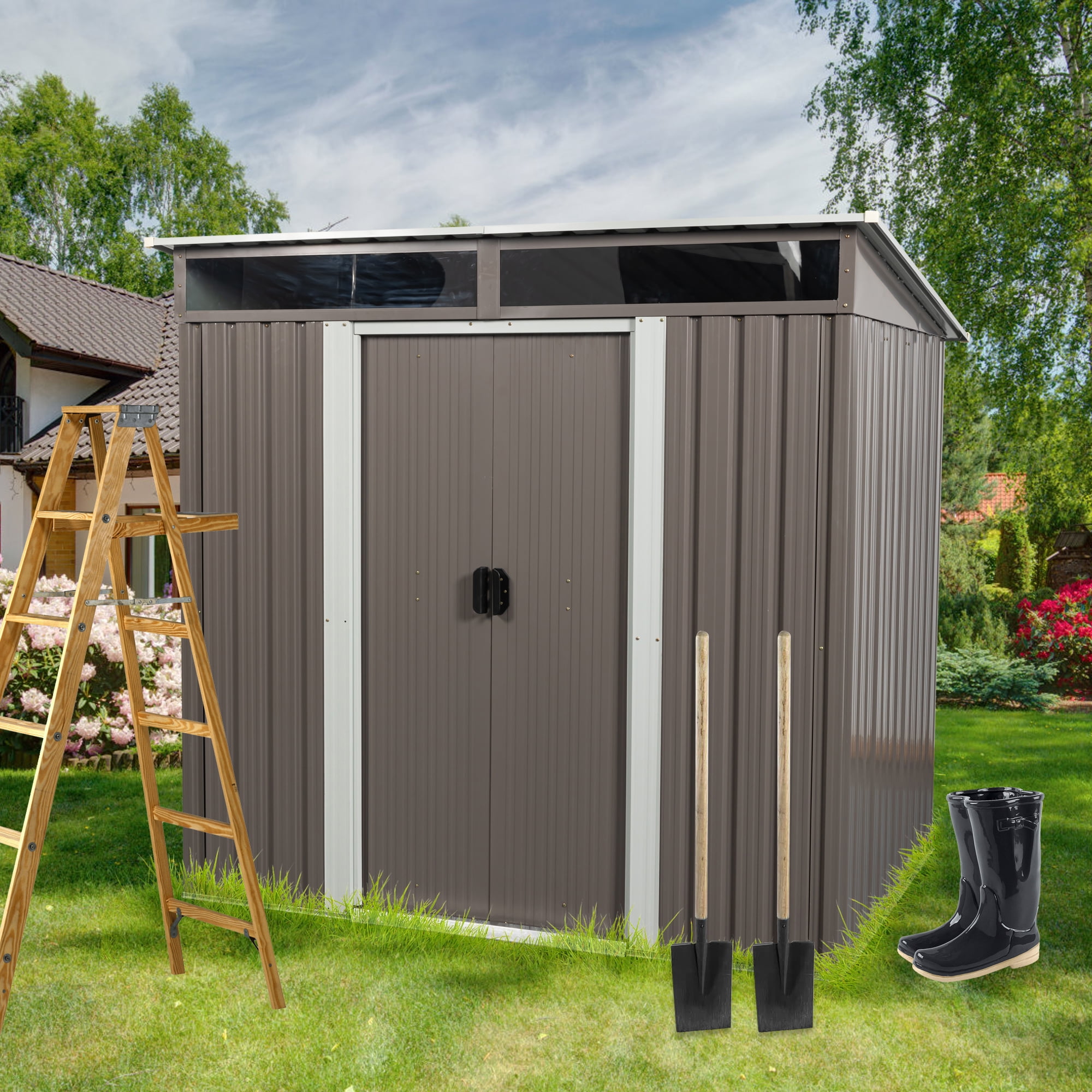 Aimee Lii 72" x 54" Outdoor Metal Storage Shed, Metal Sheds for Backyard Garden Patio Lawn, Utility Tool Shed Storage House, Gray Aimee Lii 72" x 54" Outdoor Metal Storage Shed, Metal Sheds for Backyard Garden Patio Lawn, Utility Tool Shed Storage House, Gray