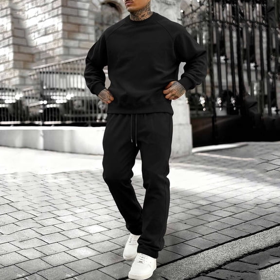 Gamivast Men's 2 Piece Fleece Sweatsuit Solid Raglan Long Sleeve Crewneck Pullover and Drawstring Joggers Set Soft Warm Tracksuit for Casual Gym Daily Wear