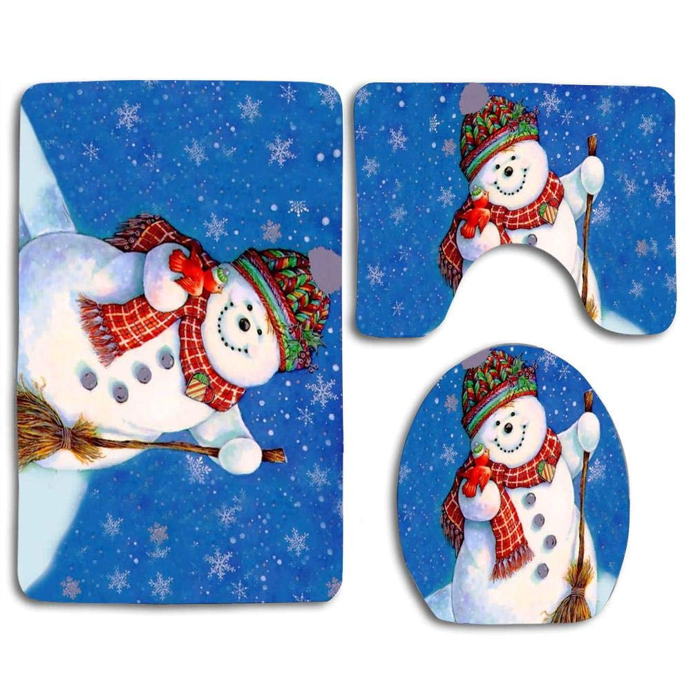GOHAO Funny Christmas Snowman 3 Piece Bathroom Rugs Set Bath Rug Contour Mat and Toilet Lid