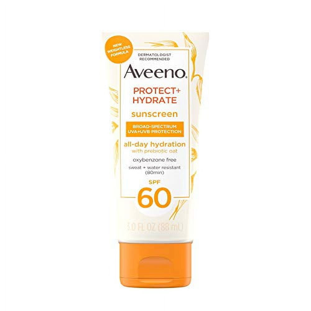 Aveeno Protect + Hydrate Moisturizing Body Sunscreen Lotion With Broad Spectrum Spf 60 & Prebiotic Oat, Weightless & Refreshing Feel, Paraben-free, Oil-free, Oxybenzone-free, 3.0 ounces