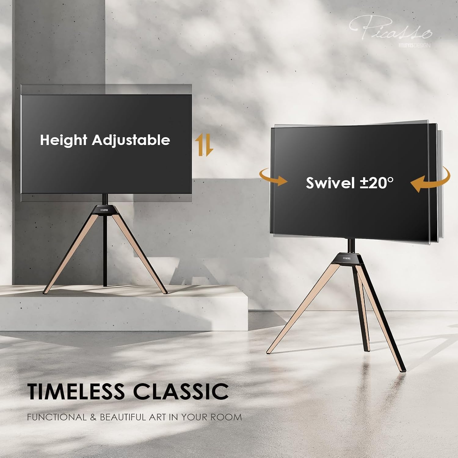 FITUEYES Picasso Series Corner TV Stand for 32–65 Inch TVs, Black & Light Wood, Swivel Mount