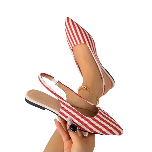 Purcolt Womens Stripes Canvas Slingback Flats Dressy Casual Pointed Toe Slip On Ballet Shoes Comfort Soft Sole Dress Shoes with Elastic Ankle Strap