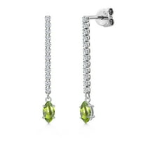 Gem Stone King 14K White Gold Green Peridot and White Lab Grown Diamond Long Liner Dangle Earrings for Women | 0.86 Cttw | Gemstone August Birthstone | Marquise 6X3MM | White Gold Chain Drop Earrings