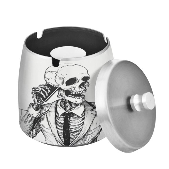 (9.3*9.3*9.7inch)Ashtray with Lid for Cigarette, Stainless Steel Smokeless Odorless Windproof Ashtrays, for Home Office Tabletop Outside Patio Outdoor Balcony Skeleton in Suit