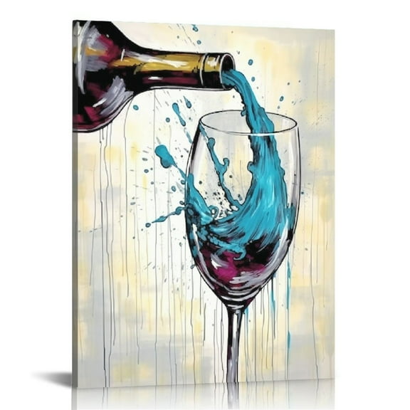 ONETECH  Teal Wine Wall Art for Kitchen Restaurant Dinning Room Elegant Wine Picture Watercolor Painting Wine Canvas Vintage Teal Prints Framed Giclee Modern Wall Decor