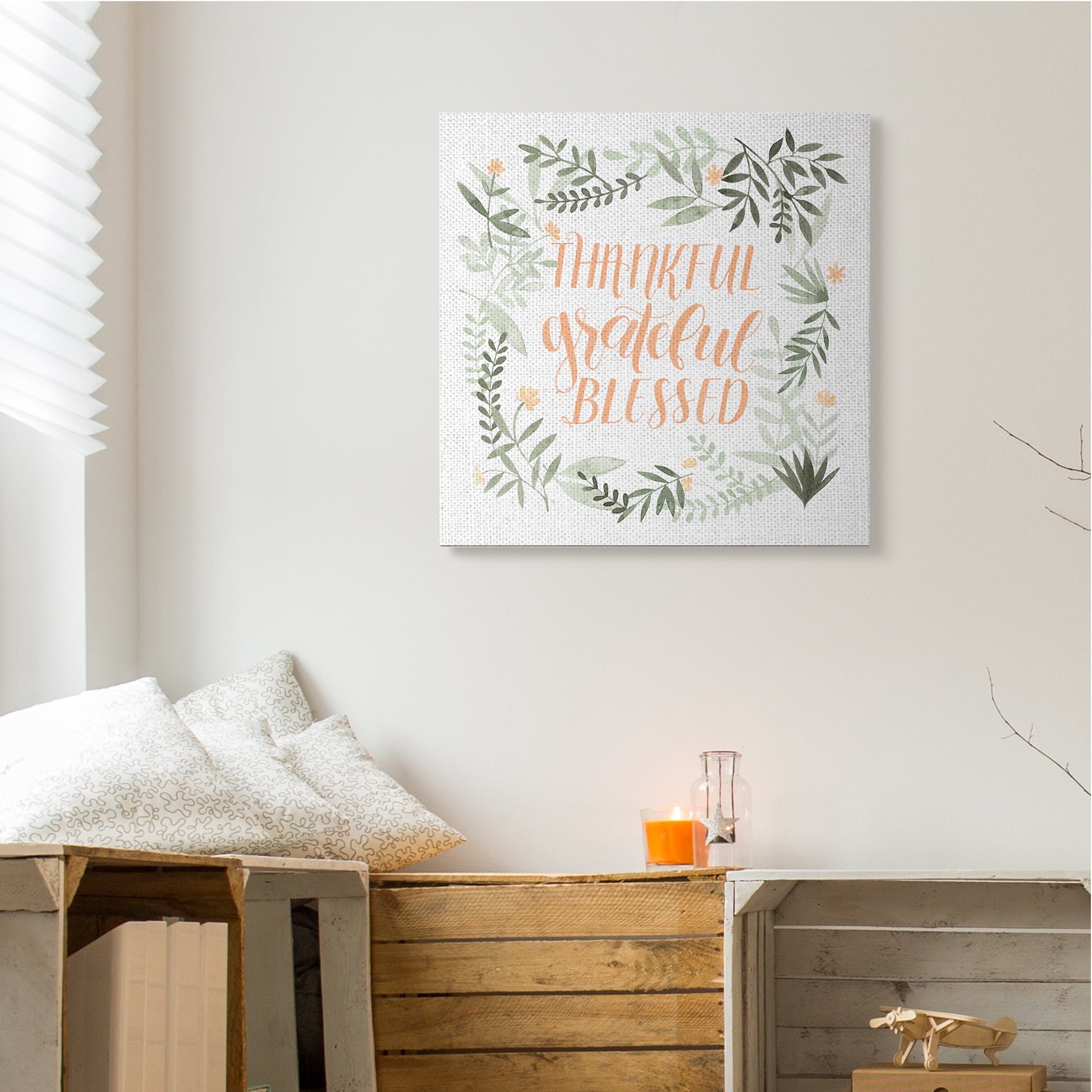 Stupell Industries Thankful Grateful Blessed Phrase Soft Green Floral Plants Inspirational Painting Gallery Wrapped Canvas Art Print Wall Art, 36 x 36