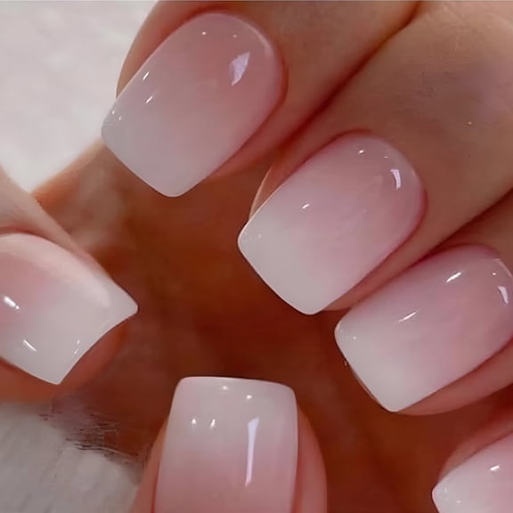RAGUPEL Nails Press ons, White Ombre Short Square Press on Nails Artificial Nails Glossy Acrylic Artificial Nails Stick on Nails for Women 32Pcs
