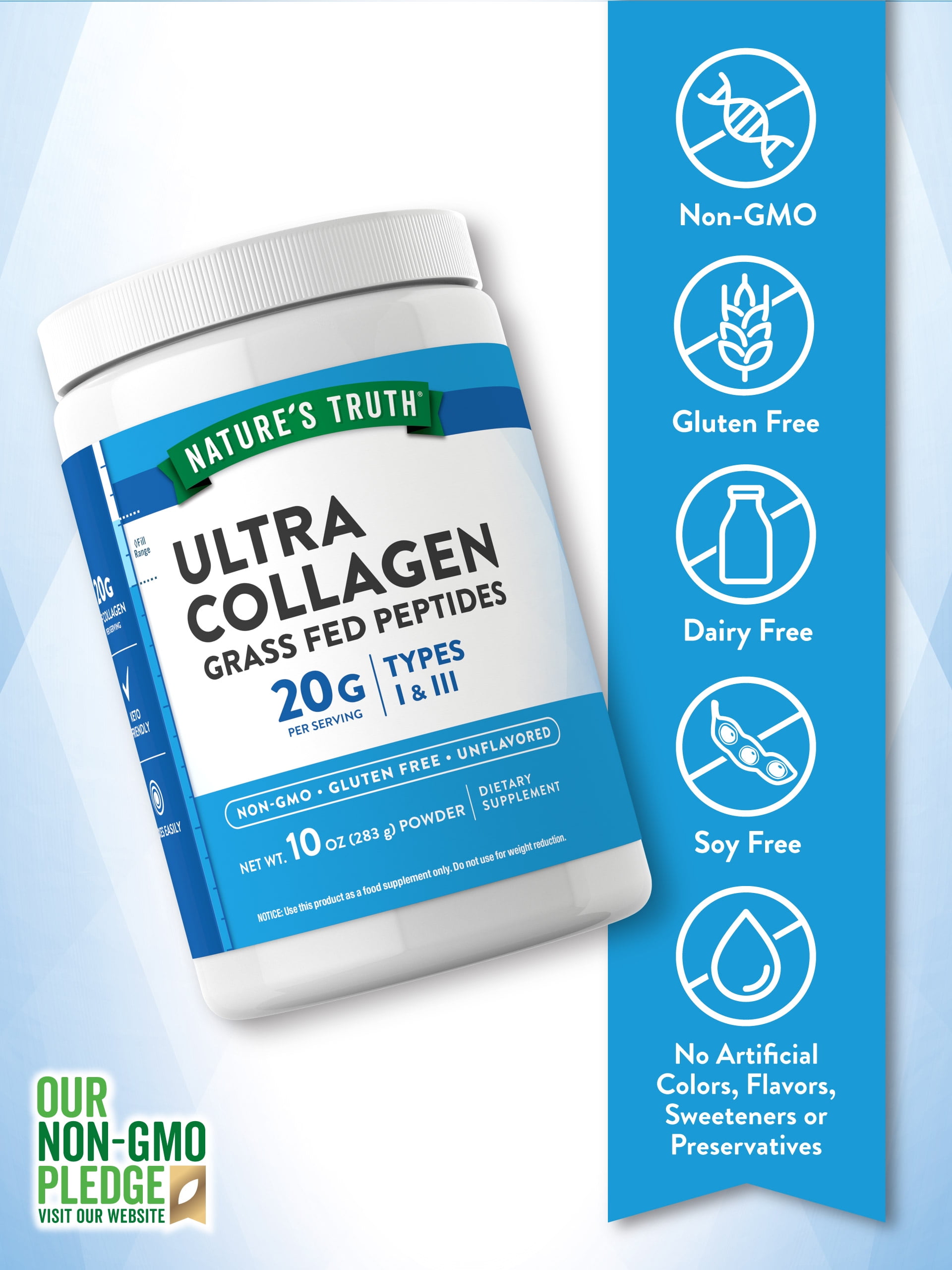 Collagen Peptides Powder | 10 oz | Grass Fed, Type 1 & 3 | Keto Friendly | Unflavored, Mixes Easily | by Nature's Truth