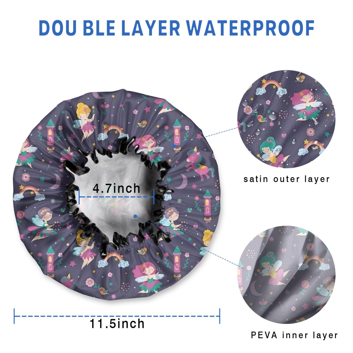 Shower Caps,Fairy Princess Magic Pattern Waterproof Shower Cap for Women 4 Pieces,Double Reusable Hair Cover for Shower PEVA Elastic Stretch Hem