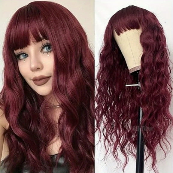 24-inch Wine Red Wavy Long Hair with Bangs; Elegant and Noble; Soft Hair Quality; Mother's Day Gift and Party Event