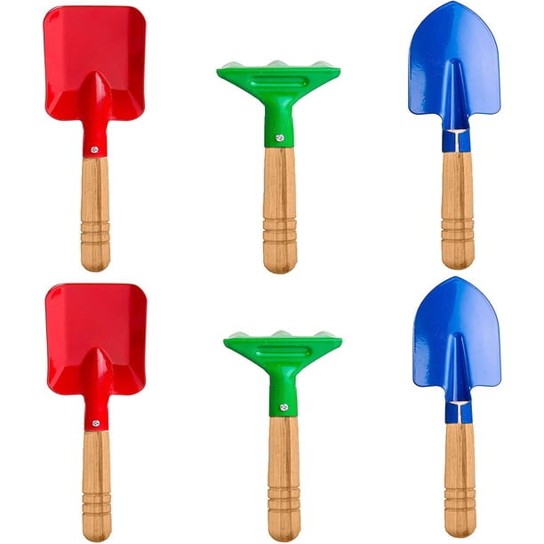 Juego de herramientas de jardinería para niños, 6 piezas de herramientas de jardinería para niños de metal con mango de madera resistente, herramientas de jardinería seguras, juguete de caja de arena