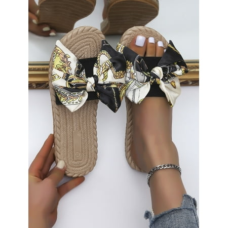 

Women Bow Decor Slide Sandals Vacation Summer Faux Suede Flat Sandals