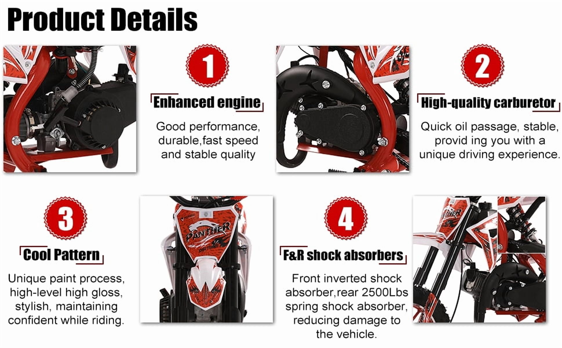 Dapmiu Mini Dirt Bike for Teens - 49CC 2-Stroke Engine 40KM/H Max Speed, 1.8L Fuel Tank & High Carbon Steel Frame Red