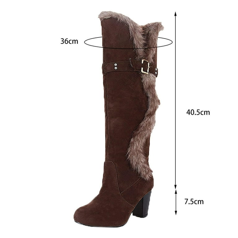 Hvyesh Faux Suede Knee High Cowboy Boots for Women Fashion Furry Warm Tall Boot Snow Winter Western Cowgirl Boots Wide Calf Round Toe High Chunky Heel