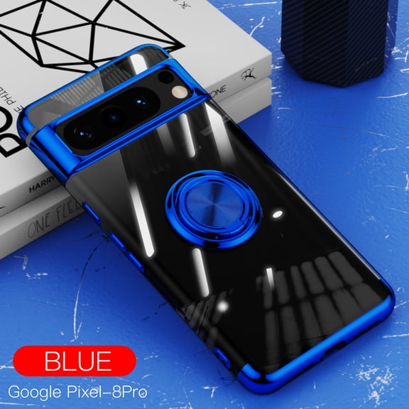 Case for Google Pixel 8 Pro, Ultra Slim Transparent Phone Cover,Thin Fit Lightweight Shockproof Clear Case With 360° Ring Kickstand Magnetic Car Mount,For Google Pixel 8 Pro - Blue