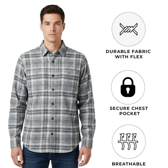 Ridgecut Men's Grey Plaid Shirt Flannel Chest Zip Pocket Long Sleeve