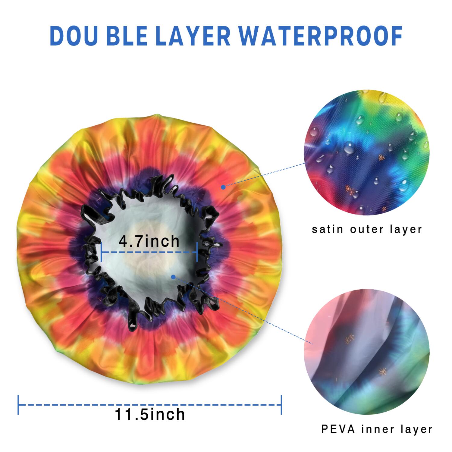 Shower Caps,Colorful Rainbow Tie Dye Spiral Pattern Waterproof Shower Cap for Women 4 Pieces,Double Reusable Hair Cover for Shower PEVA Elastic Stretch Hem