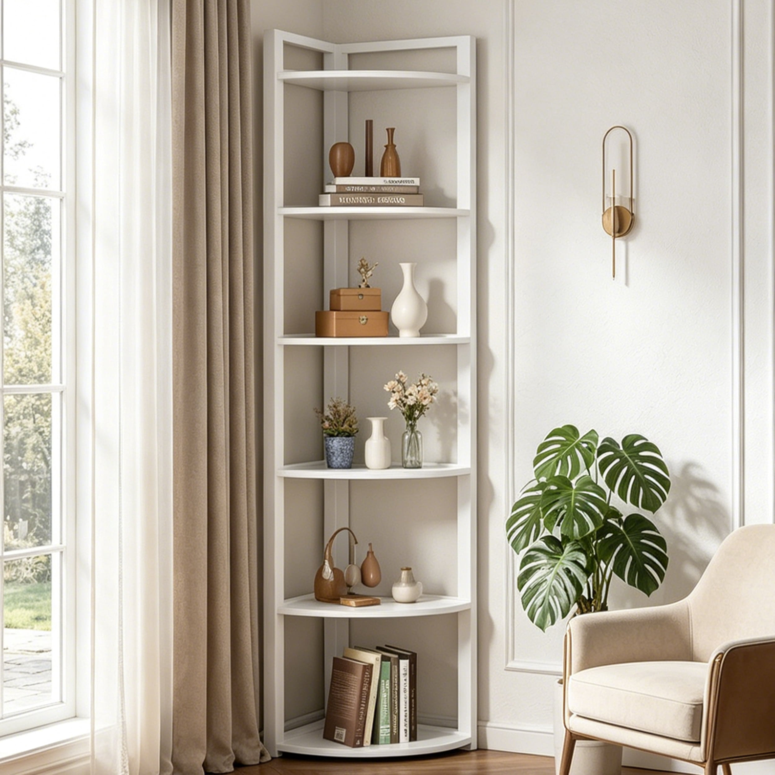 Fnova 70.9" 6-Tier Corner Shelf, Rustic Corner Bookshelf, Compact Storage Rack for Living Room, Home Office, Kitchen