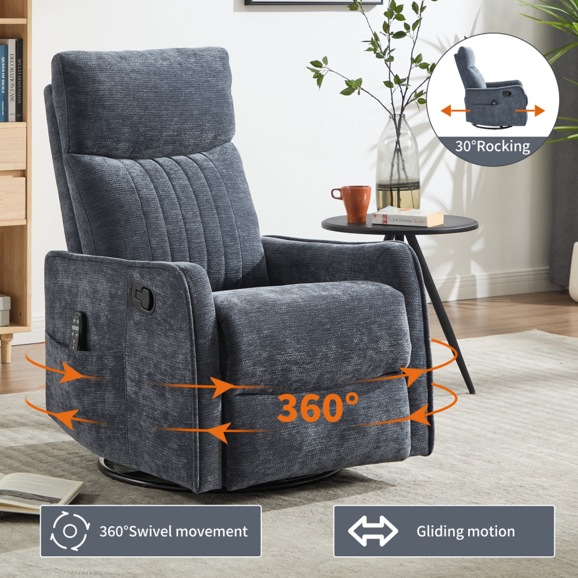 360 Swivel Rocking Recliner Chair for Adults, Nursery Rocking Chair with Heat and Massage, Glider Reclining Chair for Small Space, Living Room, Bedroom (Chenille, Blue)