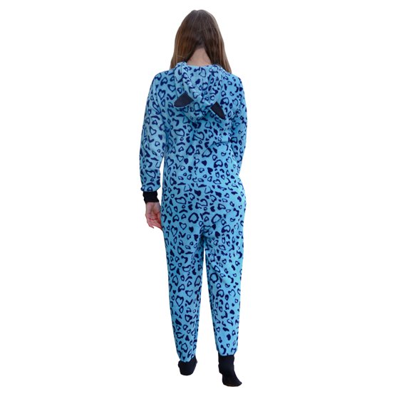 Womens Zip Up Onesie Pajamas Blue Heart Print 1 Piece Hooded Fleece PJs