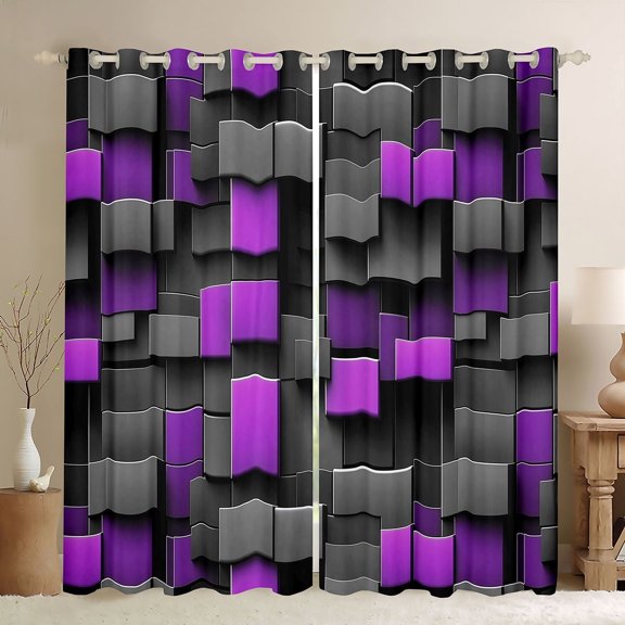 Manfei 3D Geometric Cubes Kitchen Curtains, Gray Purple Checkered Black Out Curtains Pack of 2 (42x63 Each)