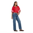 thumbnail image 6 of Forever 21 Women’s Mesh Cropped Boxy Football Tee, V-Neck Short Sleeve Varsity-Style Top with Striped Sleeves and Screen Graphic, XS-XL, 6 of 6