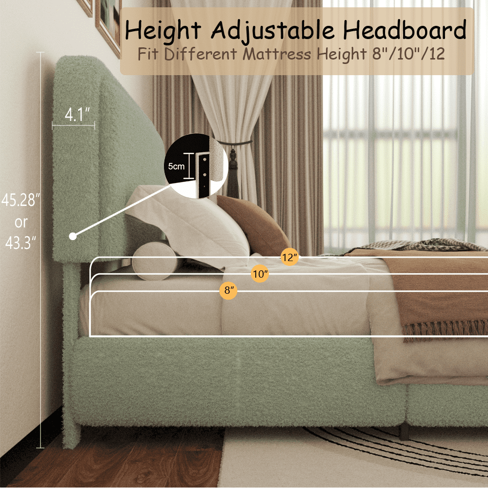 VIPLOV King Size Boucle Bed Frame, Cloud Upholstered Platform Bed with Height Adjustable Headboard & Soft Rounded Corners, No Noise Free, Easy Assembly.Green