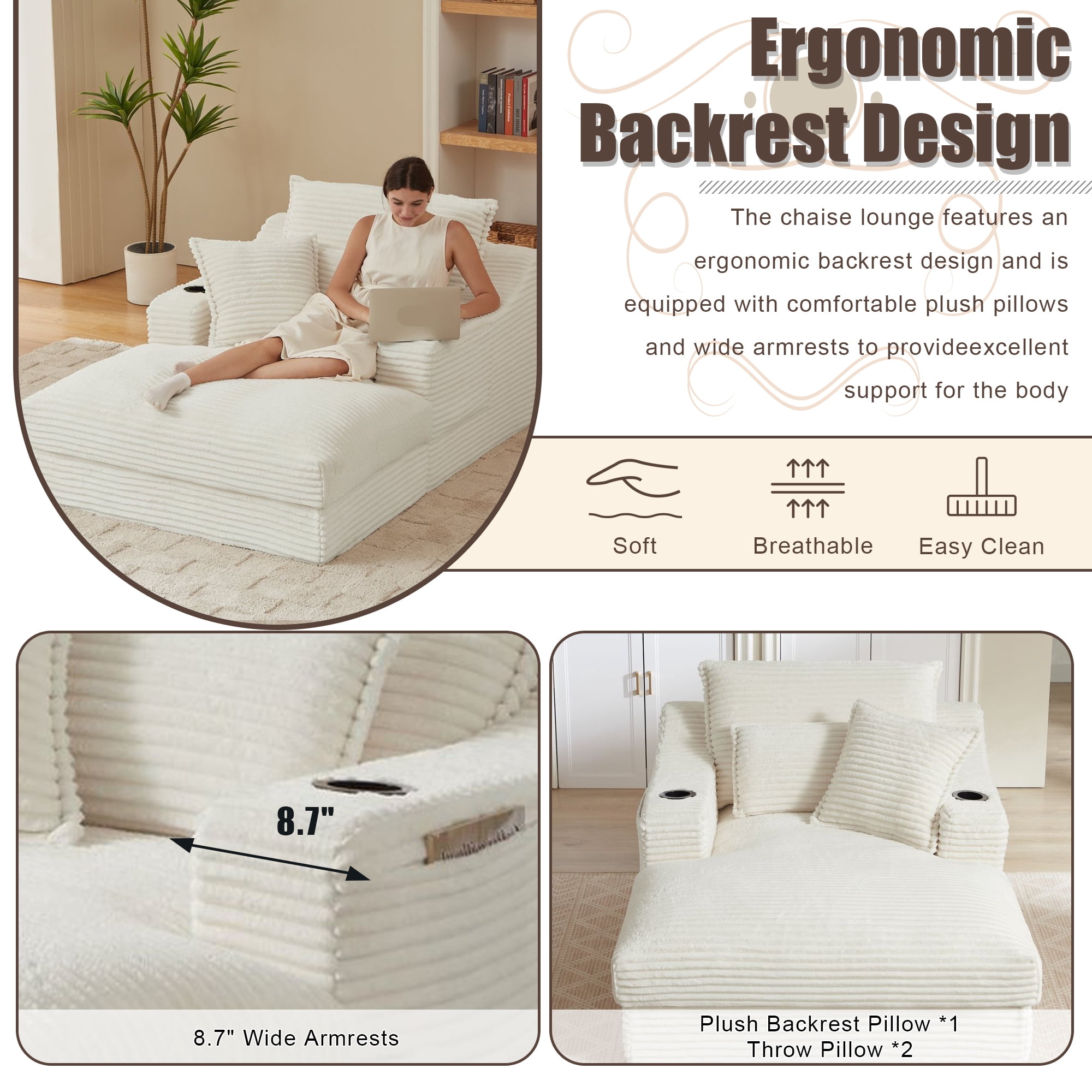Kosynda 68"D Oversized Chaise Lounge Chair Indoor with Storage, Corduroy Upholstered Boneless Sleeper Sofa Bed with Cup Holder for Living Room, Bedroom, White