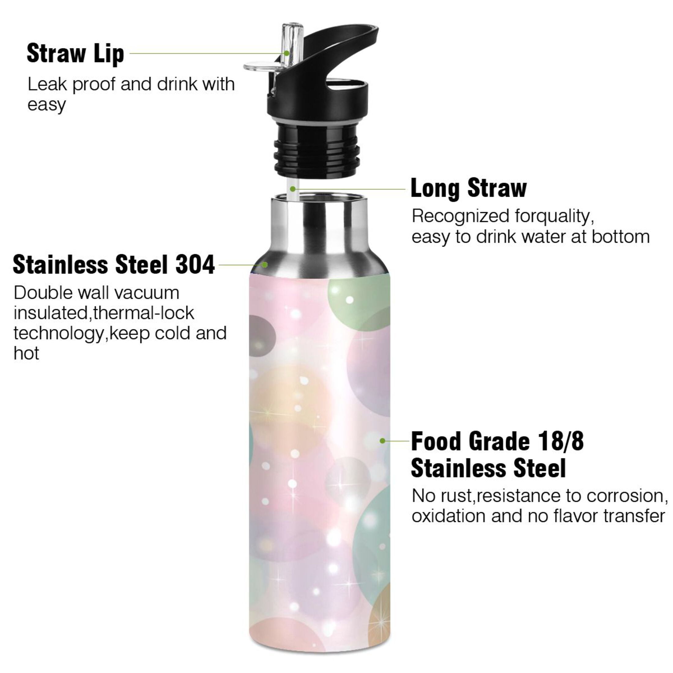 Iauyy Stainless Steel Double-Wall Vacuum Insulated Water Bottle with Straw-600ml&1000ml BPA-Free Leak-Proof for Travel Workouts Outdoor,Stars and Bubbles