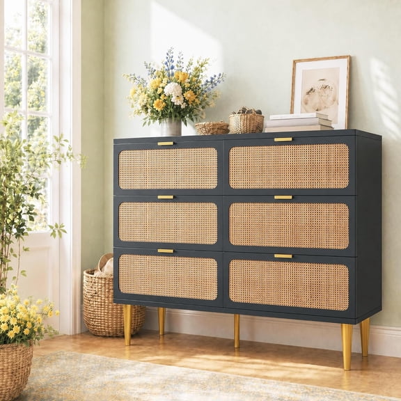 6 Drawer Rattan Dresser for Bedroom, Tall Wood Chest of Drawers with Deep Storage, Wide Storage Cabinet for Living Room, Hallway, Kids Room and Entryway,Black