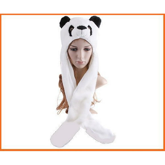 Panda Hat with Long Mittens Plushy Animal Cap , Fits adults and kids, one size fits most.