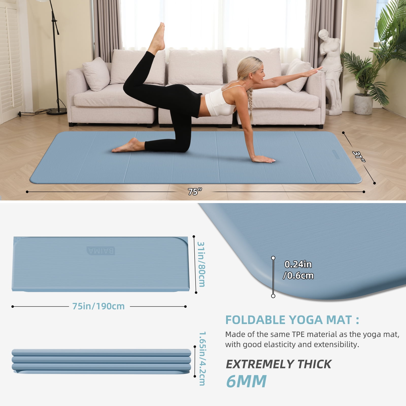 BAIMA Extra Wide Yoga Mat 31.5" x 75" length Large Non-Slip TPE Foldable,Exercise Matt for Yoga Pilates,Home Gym Flooring, Meditation(Blue Gray)