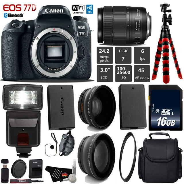 Canon EOS 77D DSLR Camera with 18-135mm is USM Lens + Flash + UV FLD CPL Filter Kit + Wide Angle & Telephoto Lens + Camera Case + Tripod + Card Reader - Intl Model